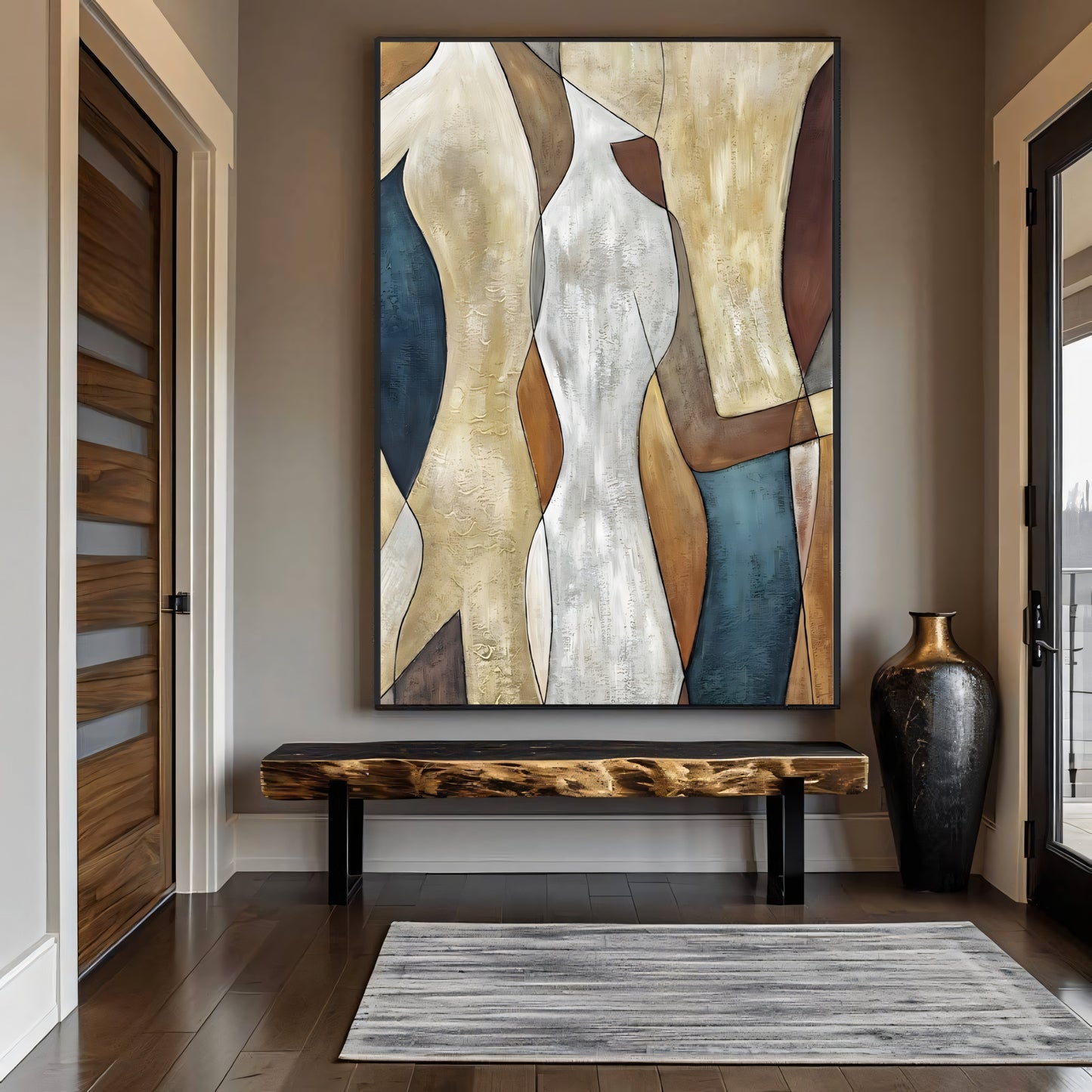 Abstract Human Art in Warm Blue, Brown & Golden Oil Painting The Urban Narrative