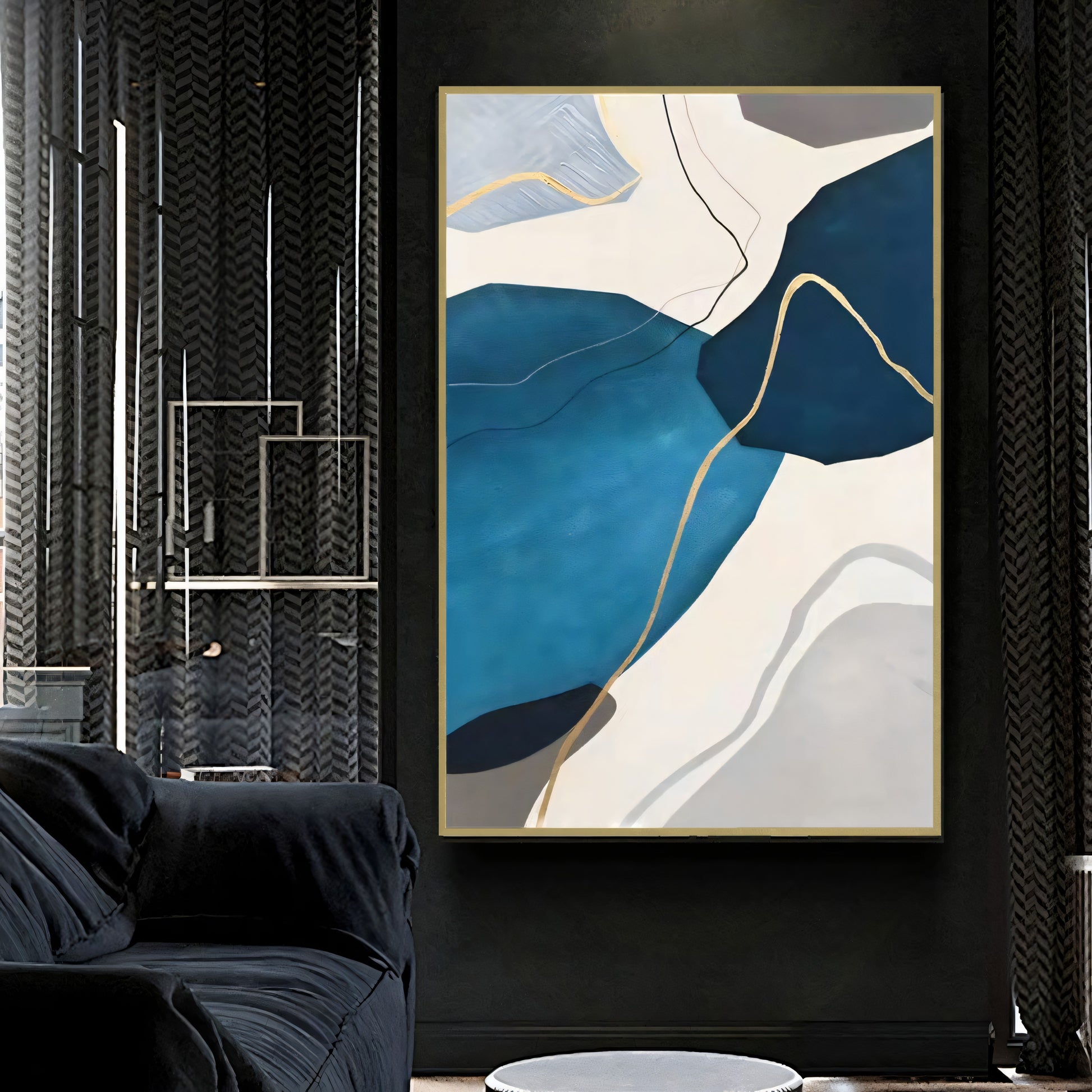 Azure Reflections Gold and Blue Abstract Art The Urban Narrative