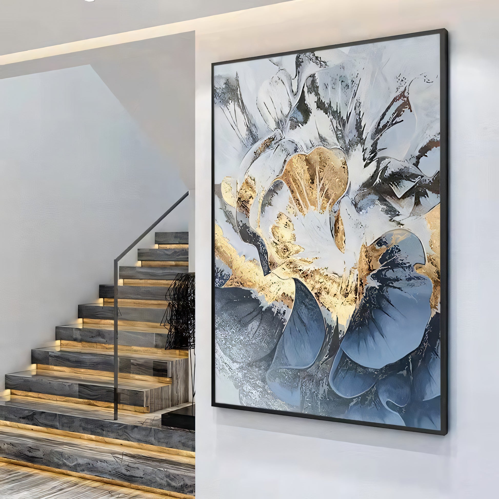 Bloom: Luxury Blue and Gold Accent Floral Art | The Urban Narrative