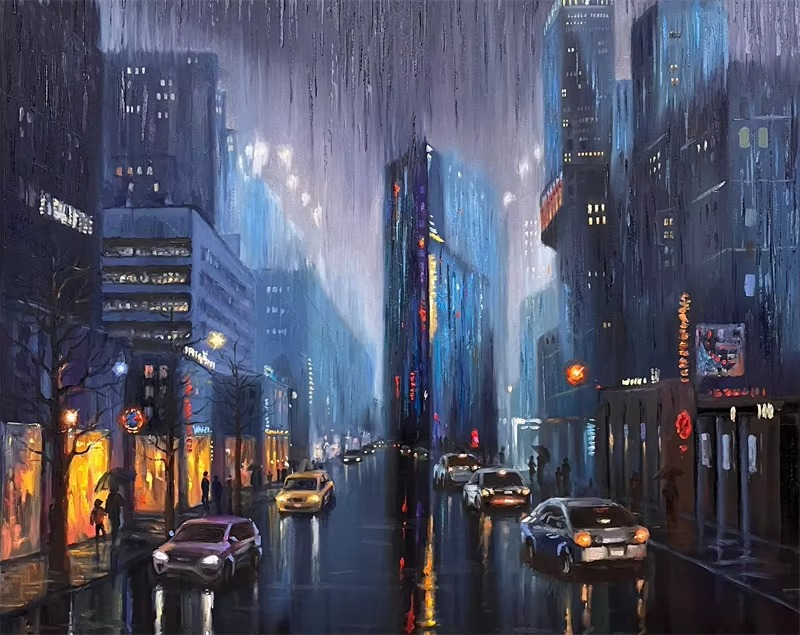 City street at night with rain, tall buildings, and illuminated signs.