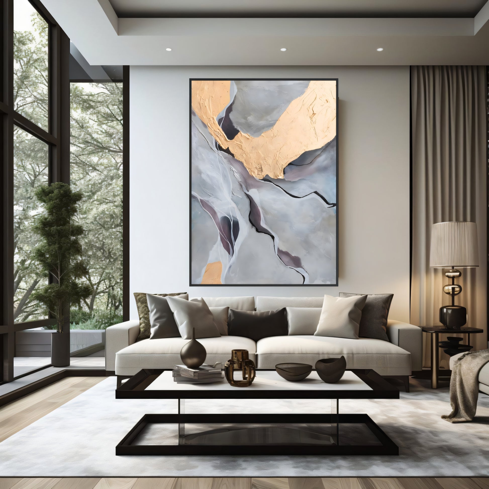 Golden Crest A Gold, Mauve & Gray Canvas Painting The Urban Narrative