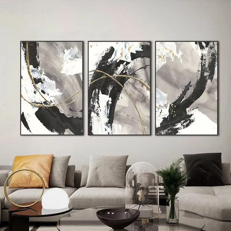 De la collection Ashes Trio : trois œuvres d'art moderne en noir, blanc et or