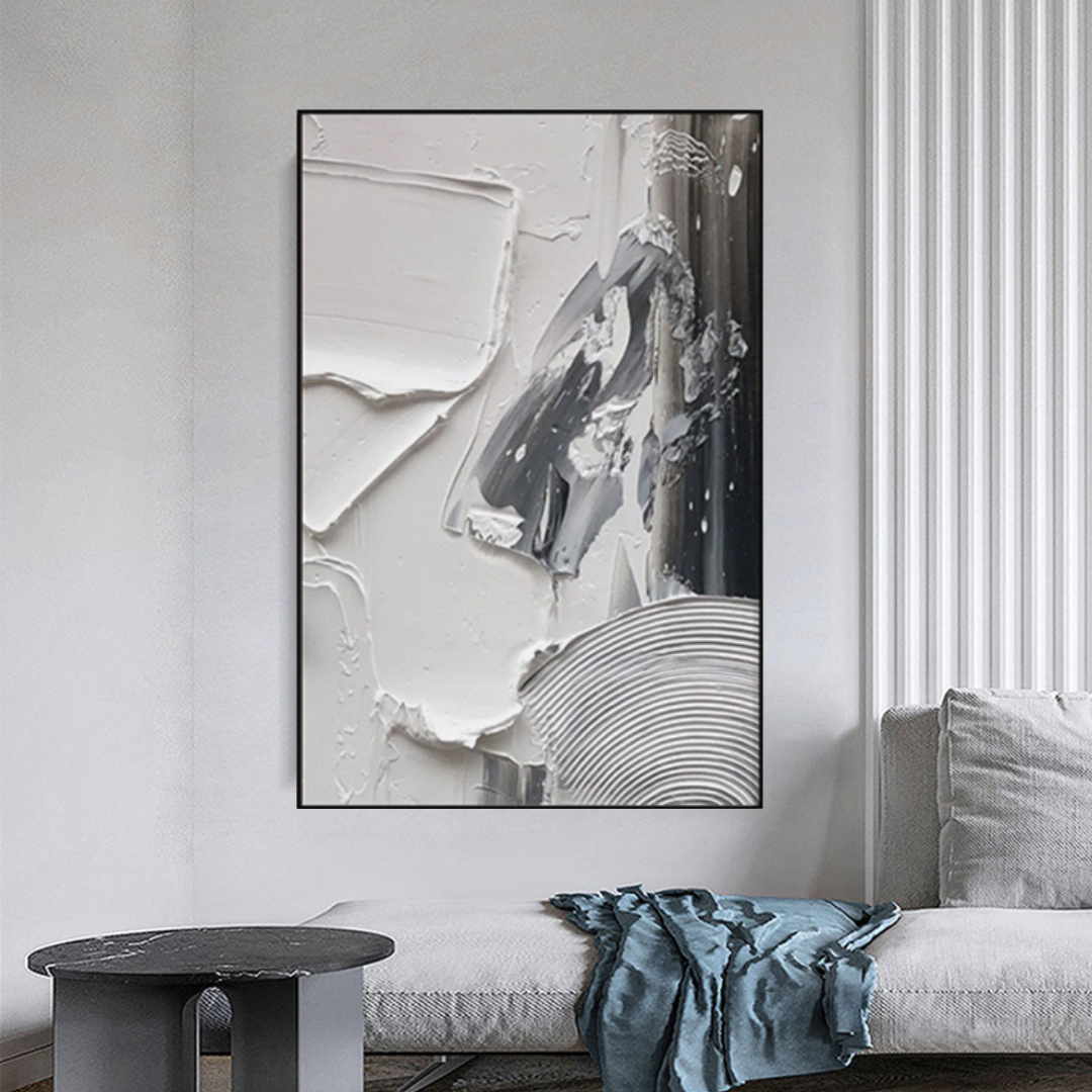 Nimbus-theurbannarrative-modern-textured-patterned-white-snow-grey-circular-portrait-modern-abstract-painting.-luxury-art-lounge