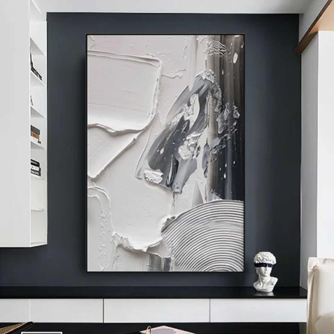 Nimbus-theurbannarrative-modern-textured-patterned-white-snow-grey-circular-portrait-modern-abstract-painting.-luxury-art