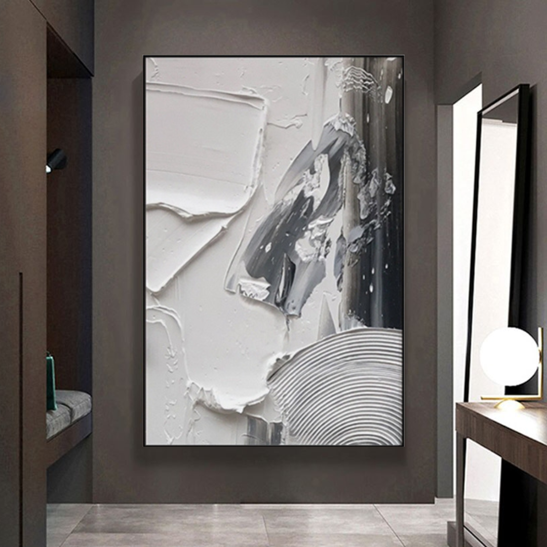 Nimbus-theurbannarrative-modern-textured-patterned-white-snow-grey-circular-portrait-modern-abstract-painting.-luxury-art