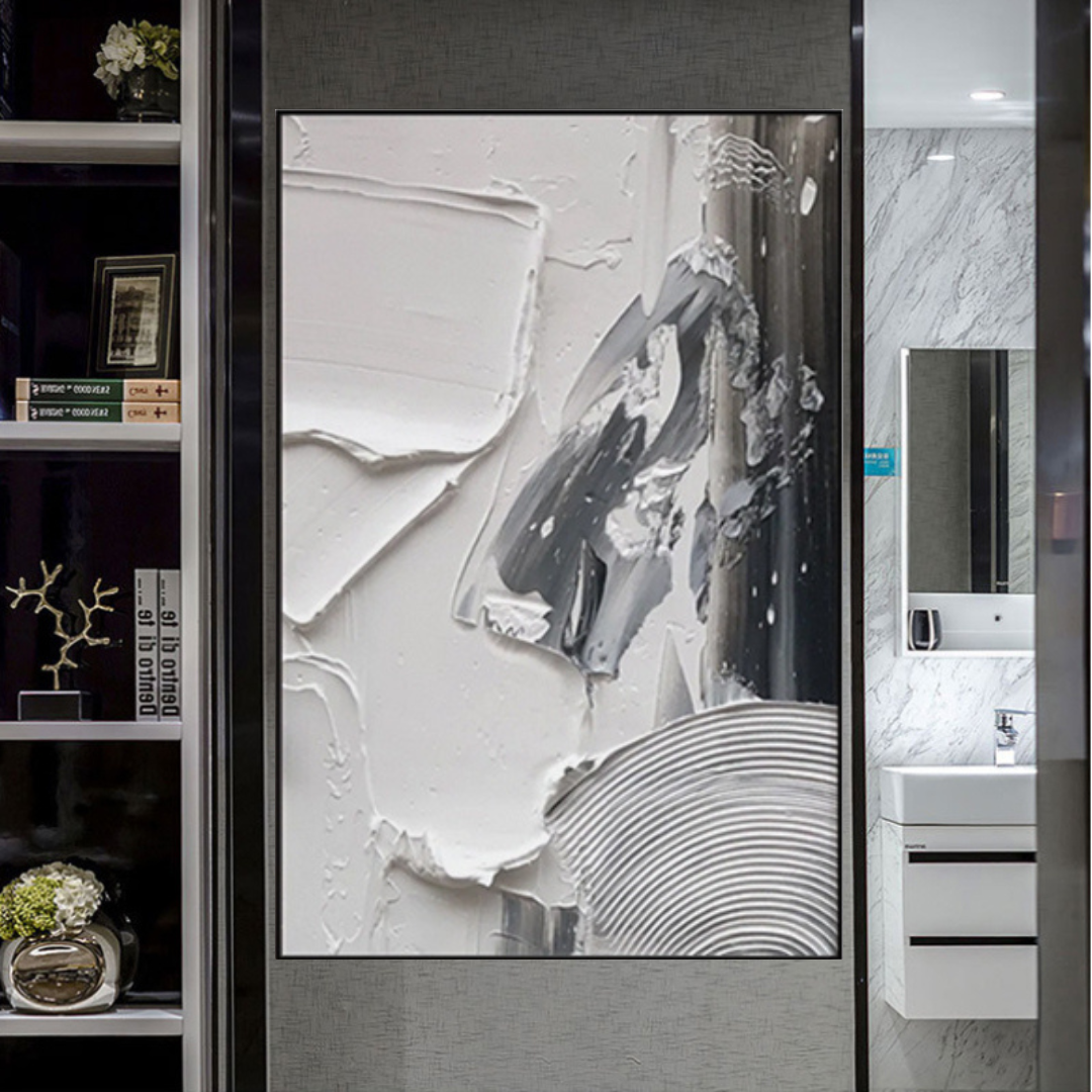 Nimbus-theurbannarrative-modern-textured-patterned-white-snow-grey-circular-portrait-modern-abstract-painting.-luxury-art