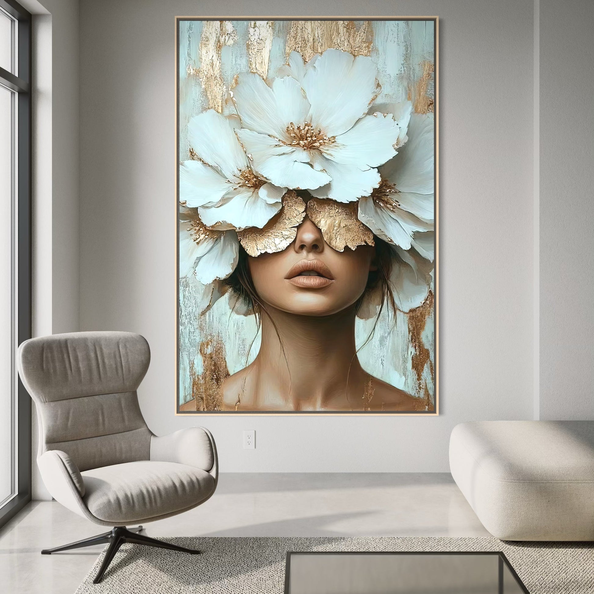Modern living room with a large abstract painting of a woman's face with flowers.
