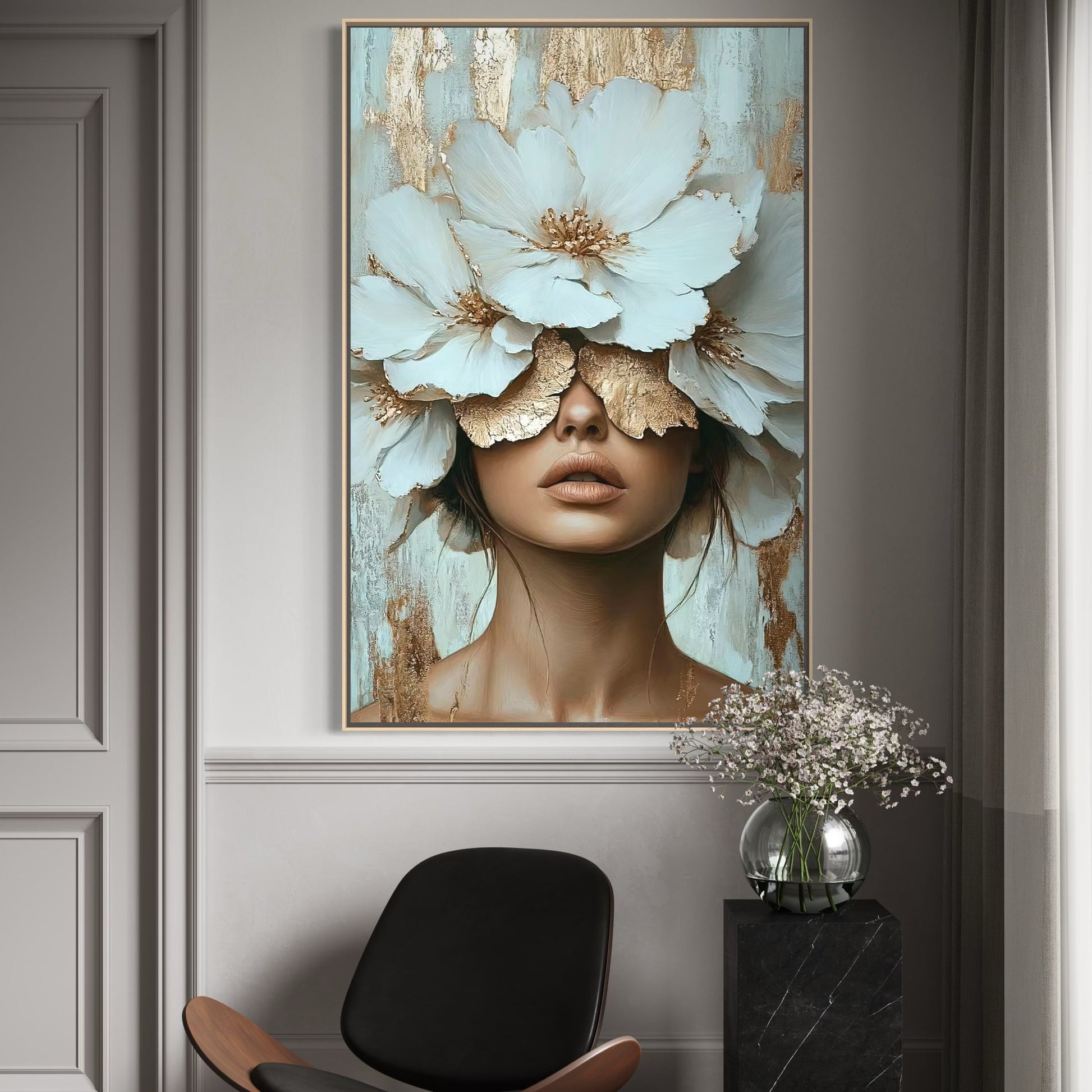 Modern interior with a large floral painting, black chair, and small table with decorative items.