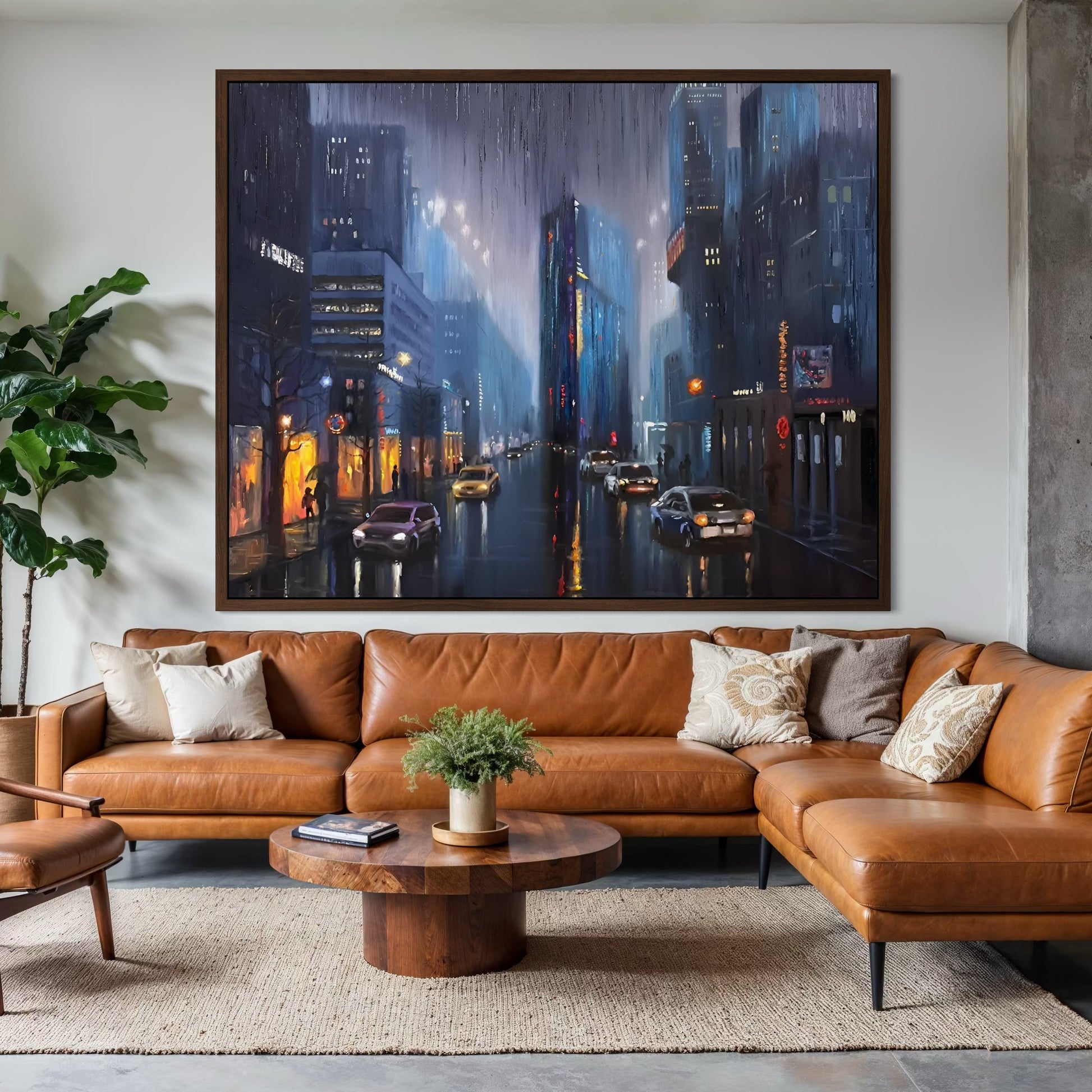 Modern living room with brown leather sectional sofa, armchair, and cityscape painting.