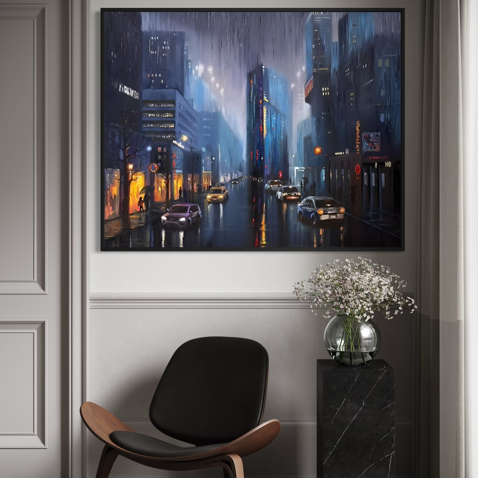 Modern interior with a black chair, side table, and cityscape painting on the wall.