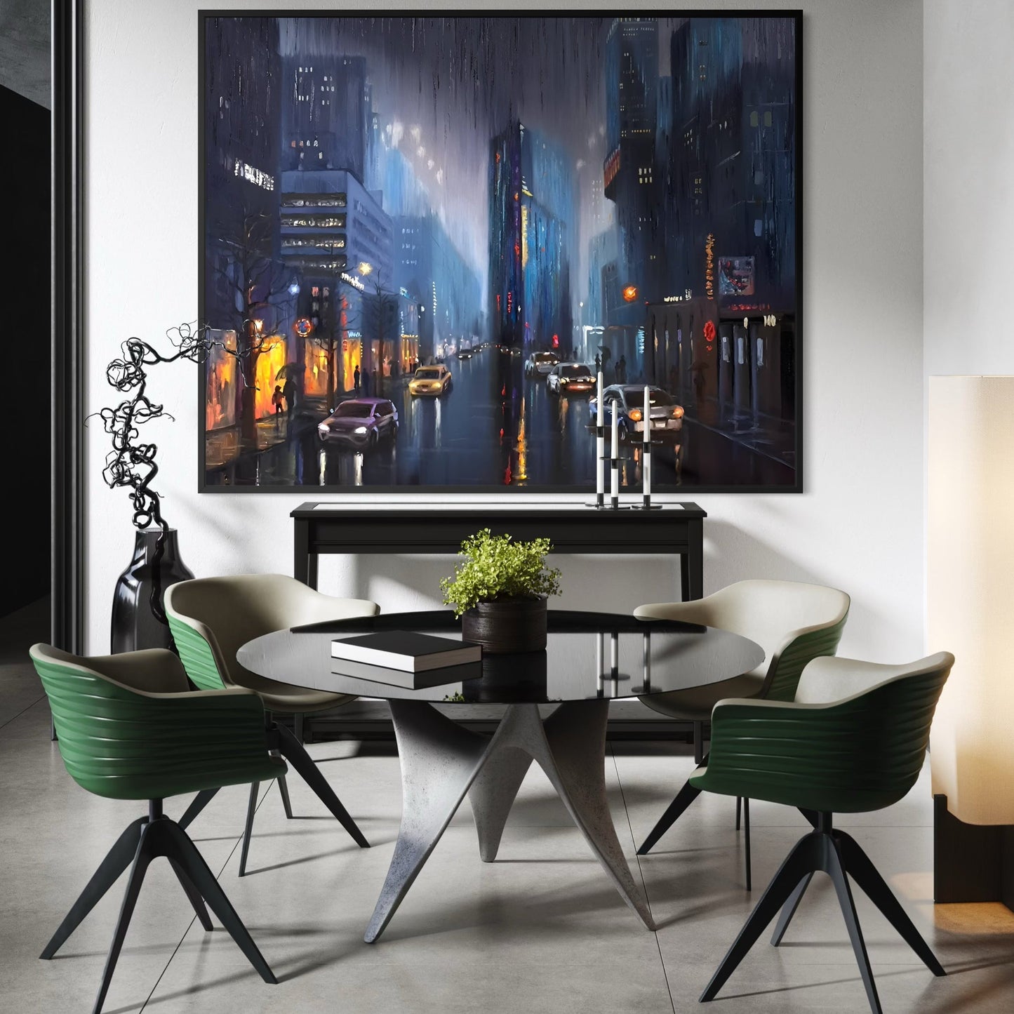 Modern dining room with a cityscape painting on the wall