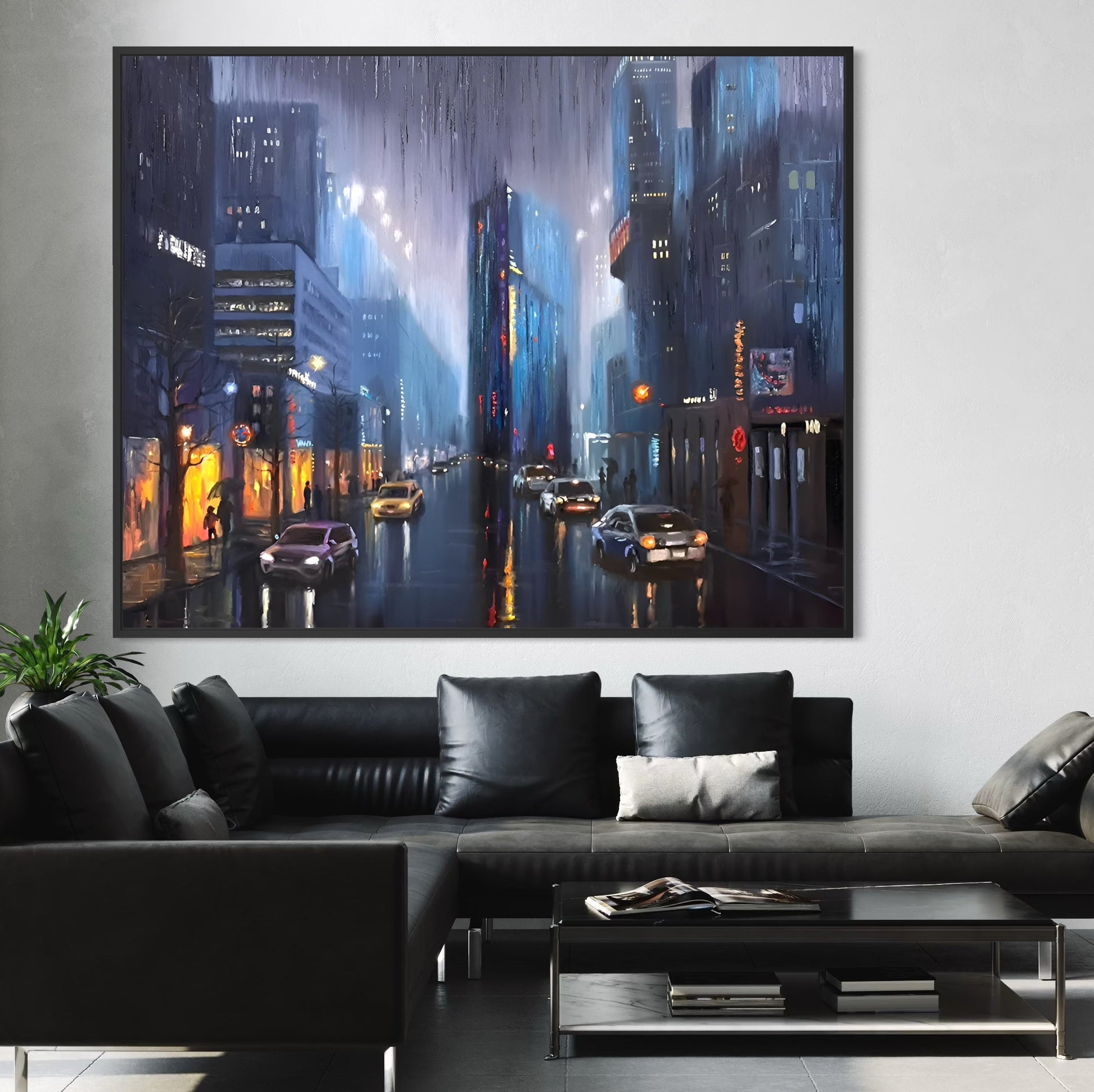 Modern living room with a large cityscape painting on the wall above a black sofa.