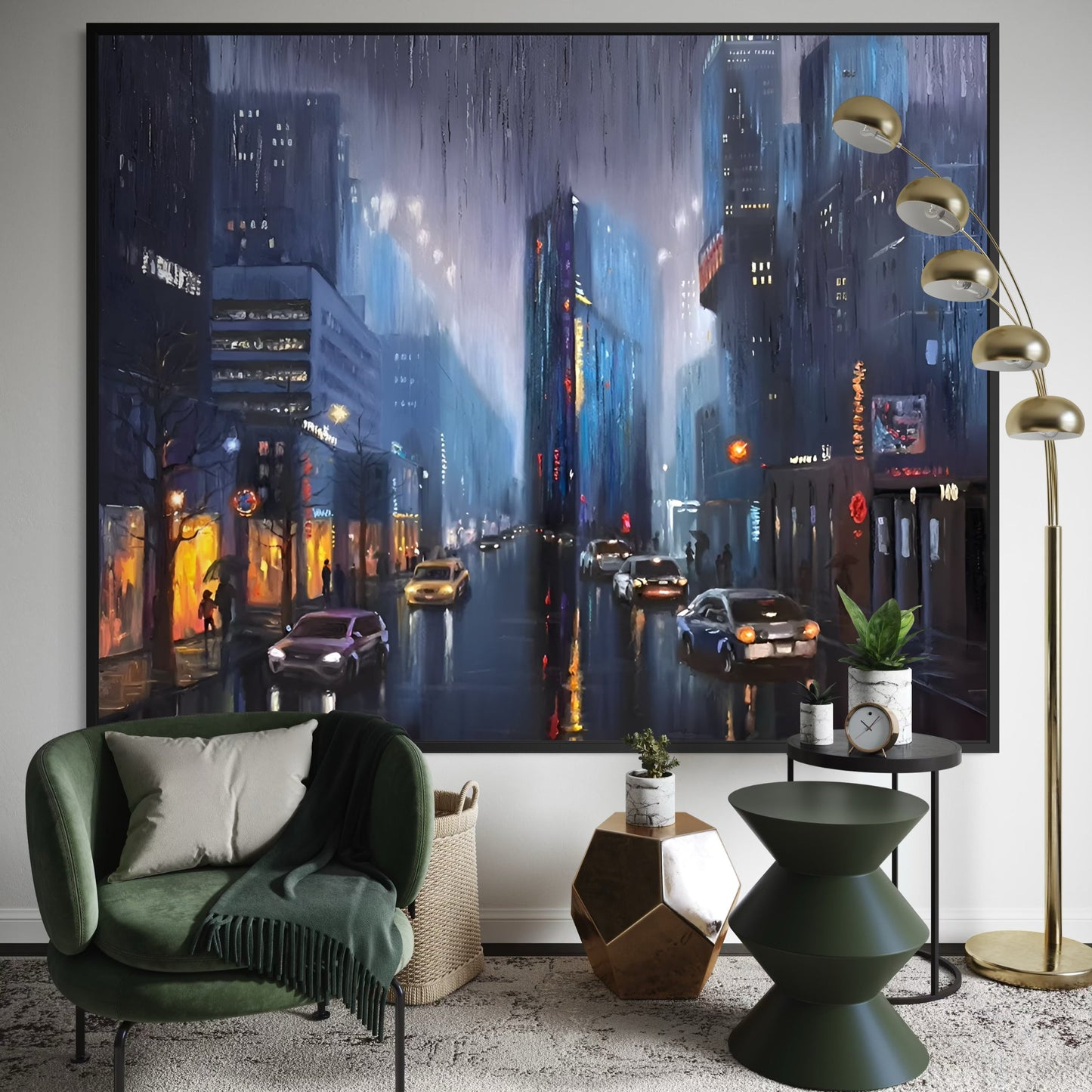 Modern living room with a large cityscape painting on the wall, green armchair, and decorative table.
