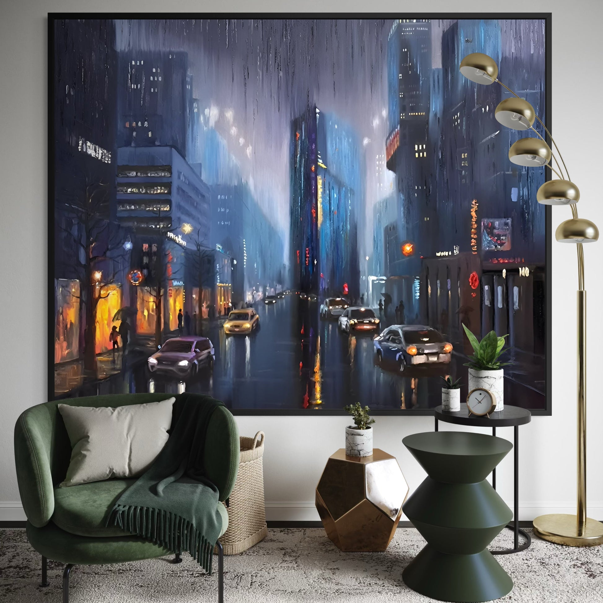 Modern living room with a large cityscape painting on the wall, green armchair, and decorative table.