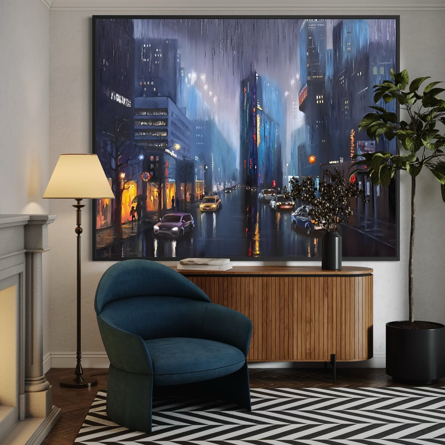 Modern living room with a large cityscape painting on the wall, blue armchair, and decorative elements.