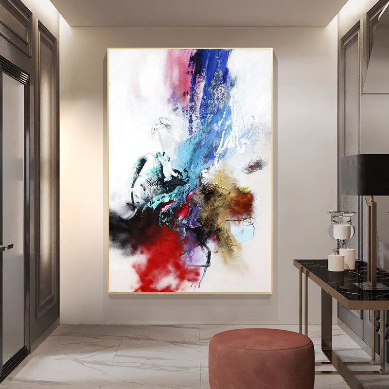 Textured color pop modern abstract art blue red gold white pink mist oil painting
