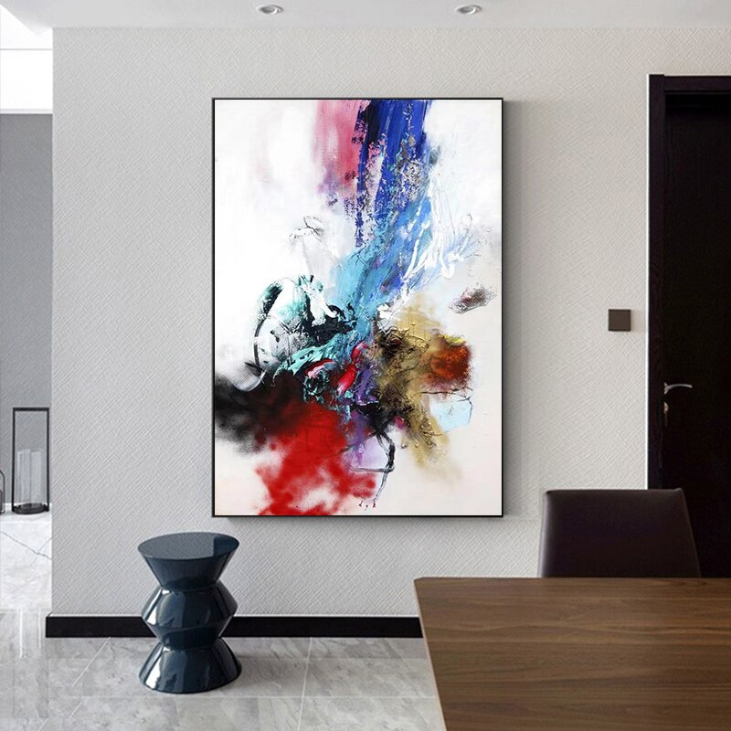 Textured color pop modern abstract art blue red gold white pink mist oil painting