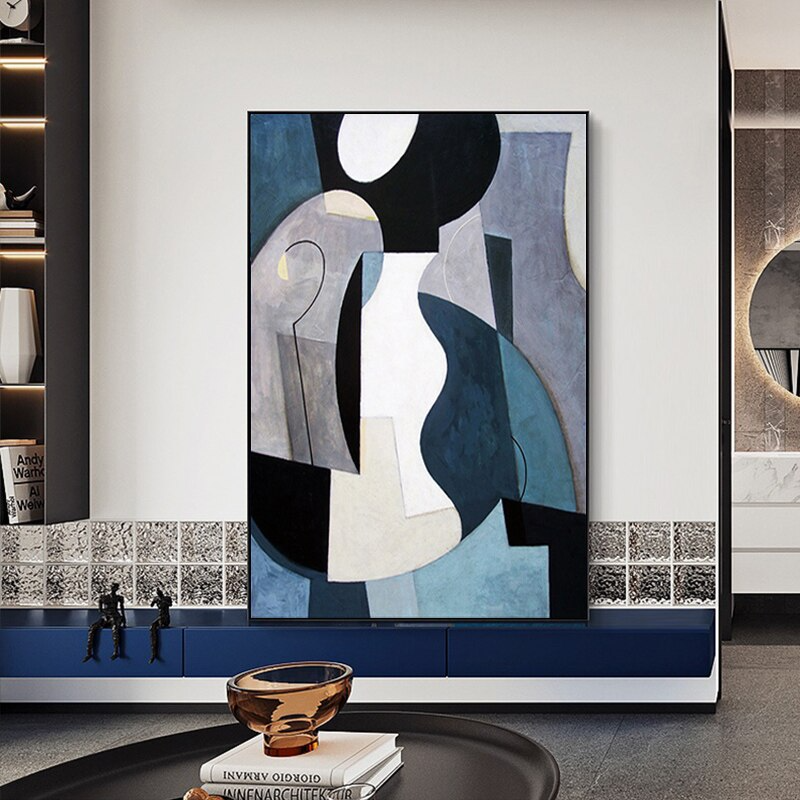 Shades of Blue, Black and white geometric Picasso inspired Abstract Modern Art Oil painting