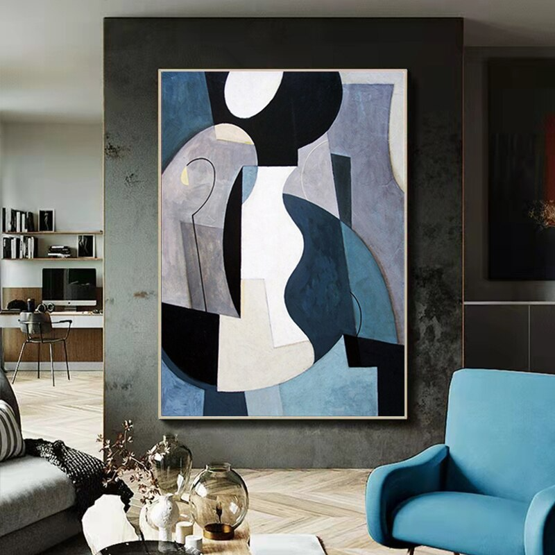 Shades of Blue, Black and white geometric Picasso inspired Abstract Modern Art Oil painting