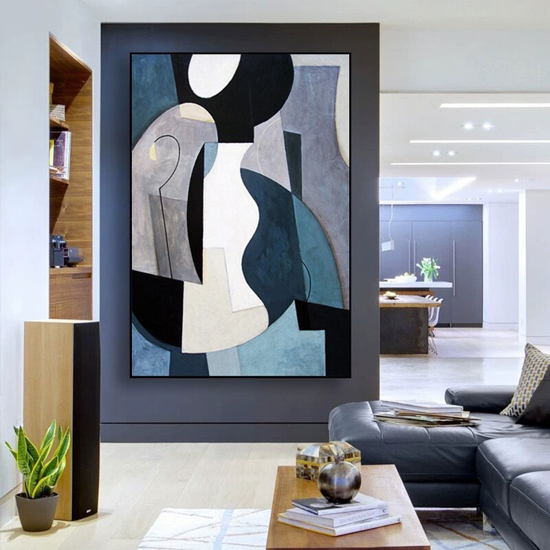 Shades of Blue, Black and white geometric Picasso inspired Abstract Modern Art Oil painting