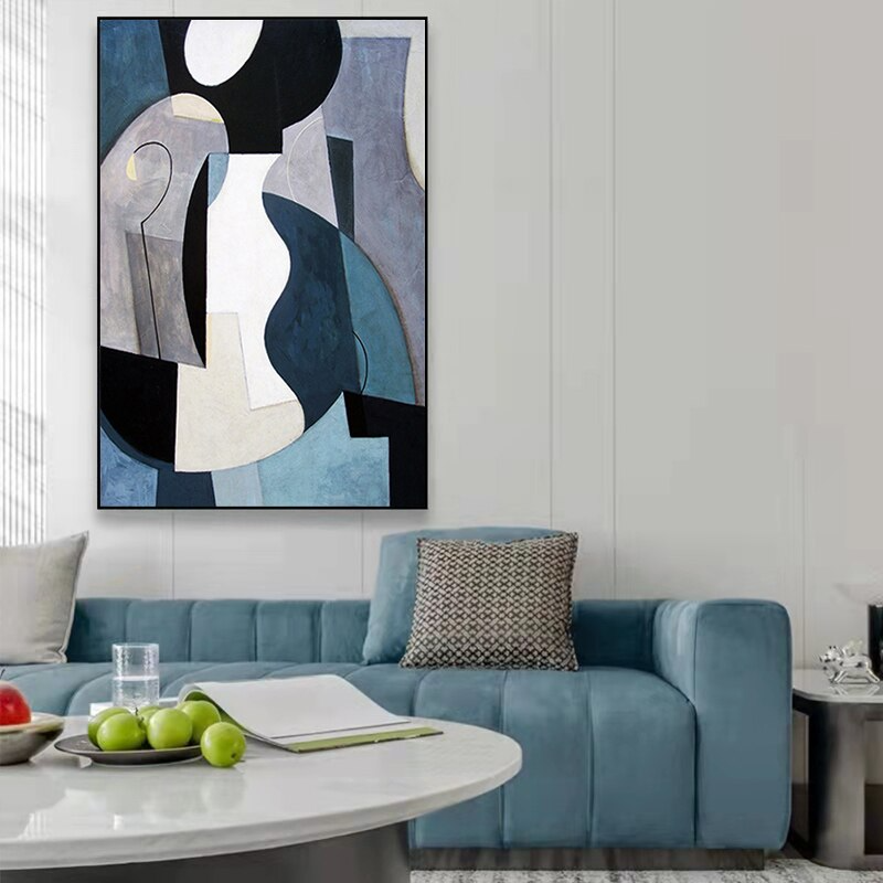 Shades of Blue, Black and white geometric Picasso inspired Abstract Modern Art Oil painting