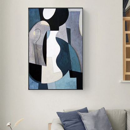 Shades of Blue, Black and white geometric Picasso inspired Abstract Modern Art Oil painting