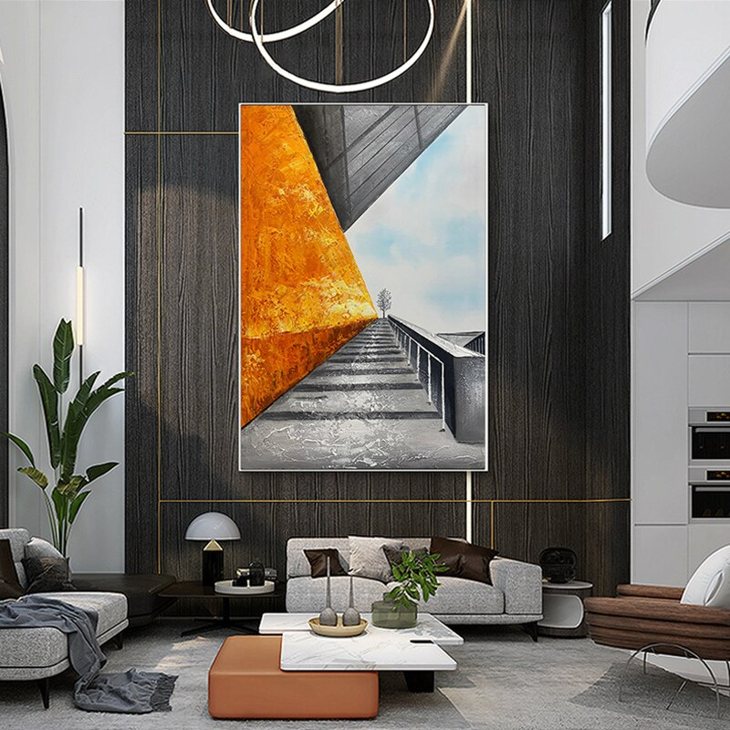 One tree standing in industrial world black and white orange colour pop abstract modern canvas oil painting art