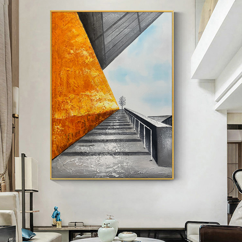 One tree standing in industrial world black and white orange colour pop abstract modern canvas oil painting art