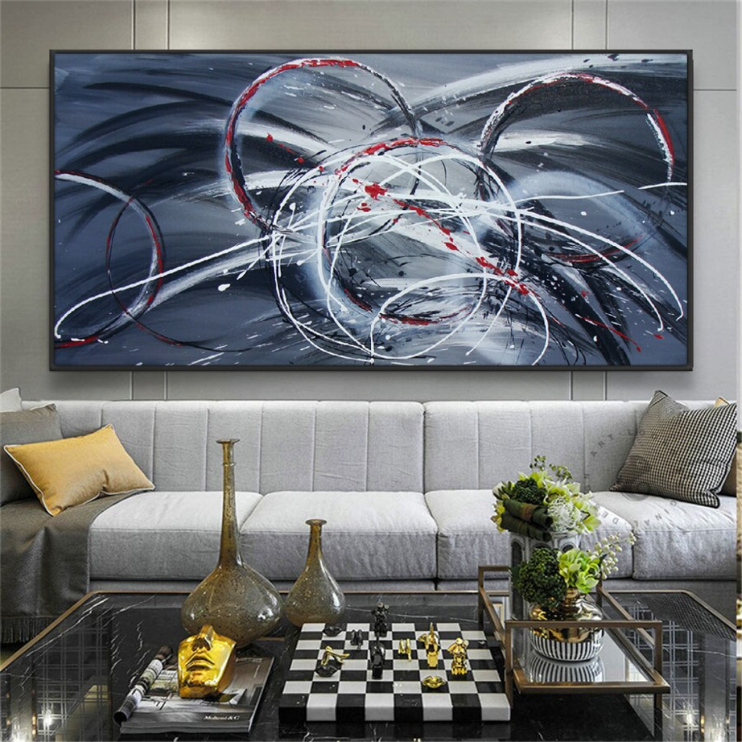kinetic circular energy soundwave modern abstract blue white and red oil painting