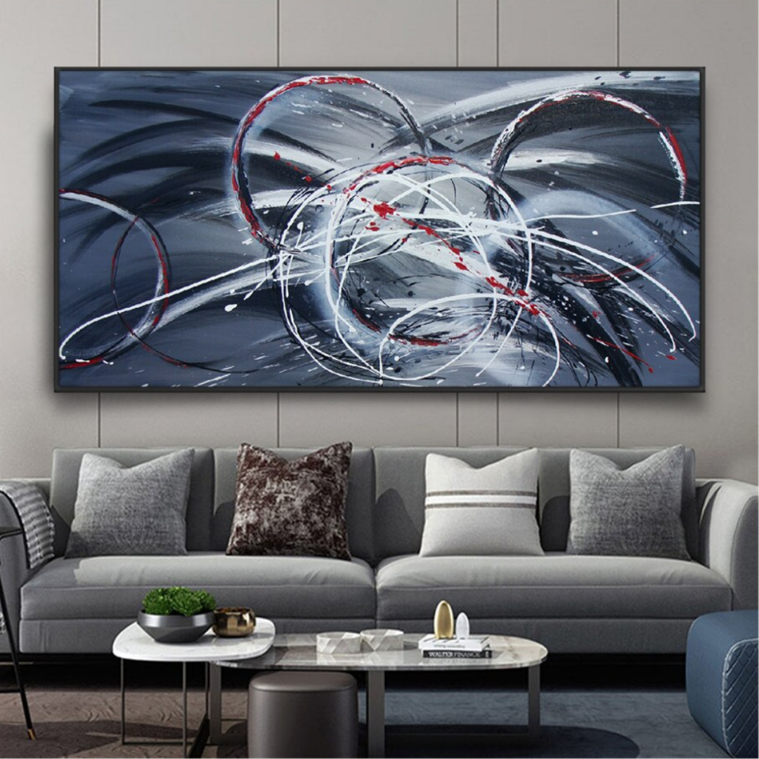 kinetic circular energy soundwave modern abstract blue white and red oil painting
