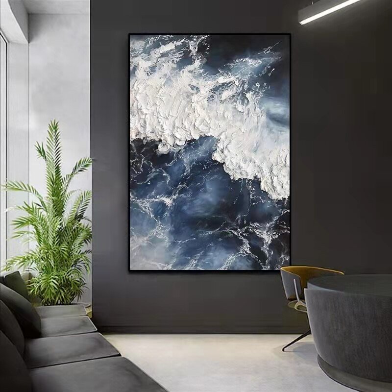 Nature-waves-deep-blue-sea-and-white-foam-textured-modern-abstract-canvas-oil-painting-contemporary-realistic-art