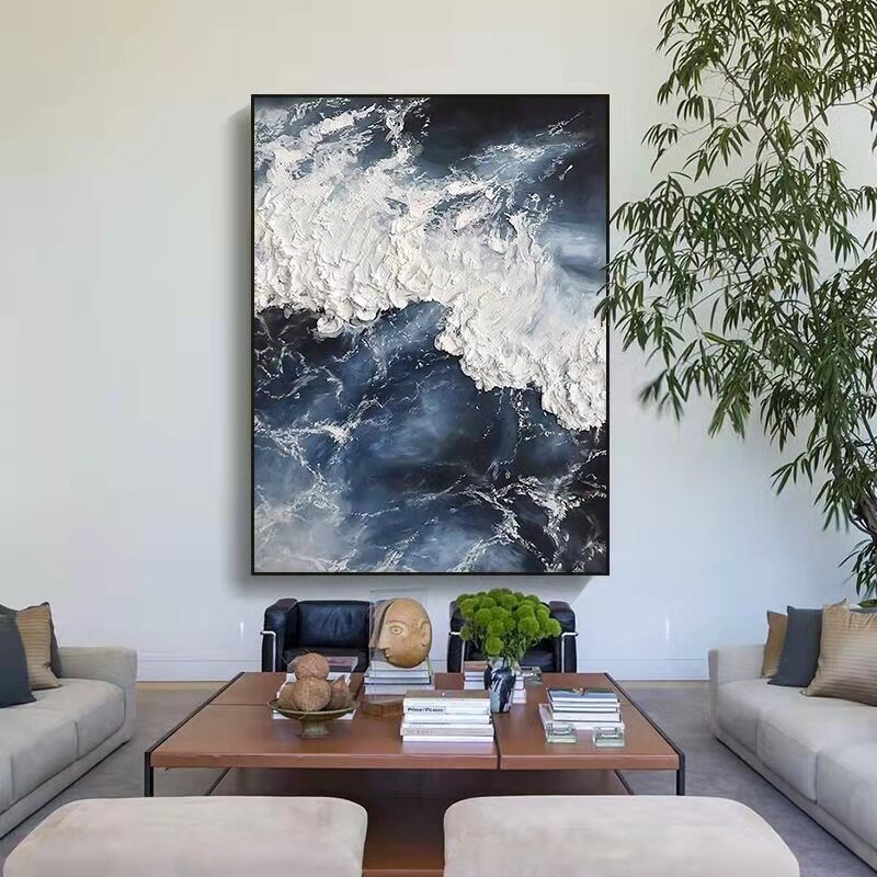 Nature-waves-deep-blue-sea-and-white-foam-textured-modern-abstract-canvas-oil-painting-contemporary-realistic-art