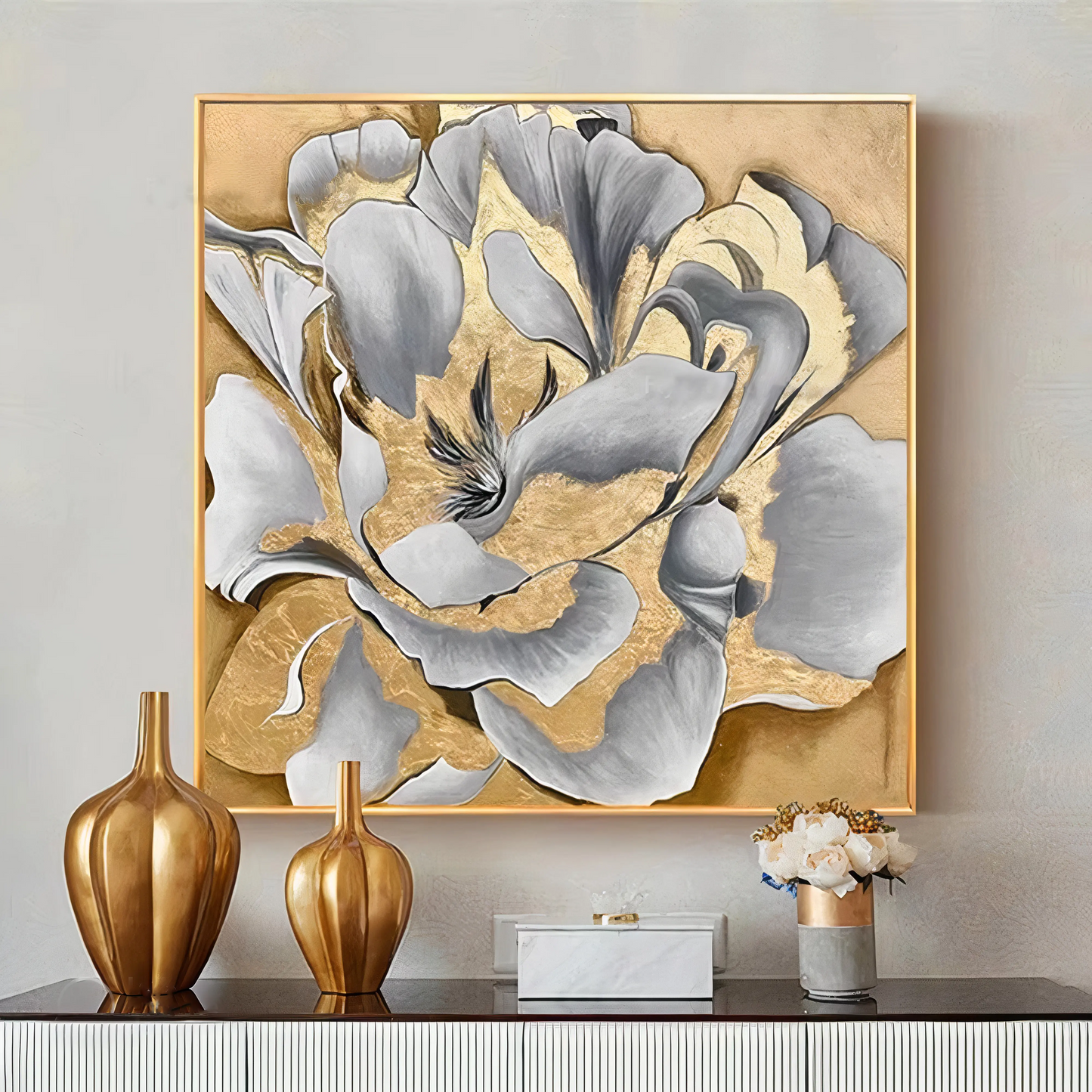 Decorative wall art with floral design on a gold background, displayed on a wall with matching vases and decor.