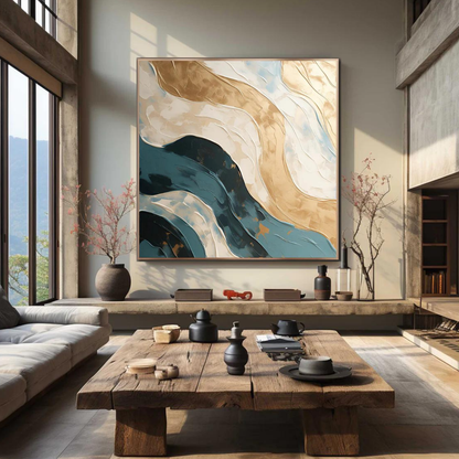 teal-gold-ivory-blue-square-abstract-modern-painting-waves-theurbannarrative-golden-currents-rustic-modern-home-design