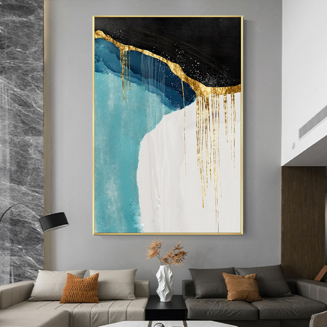 Gold-abstract-portrait-oil-painting-theurbannarratve-modern-art-black-blue-white-gold-frame-Timeless