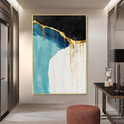 Gold-abstract-portrait-oil-painting-theurbannarratve-modern-art-black-blue-white-golden-frame-Timeless