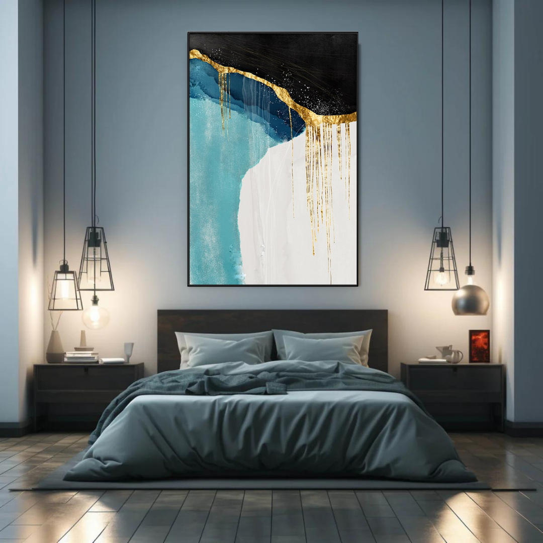 Gold-abstract-portrait-oil-painting-theurbannarratve-modern-art-black-blue-white-black-frame-Timeless