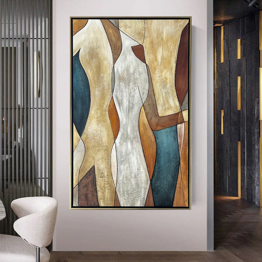 Connect-gather-theurbannarrative-blue-gold-chocolate-grey-modern-abstract-oil-painting-best-seller-gold-frame
