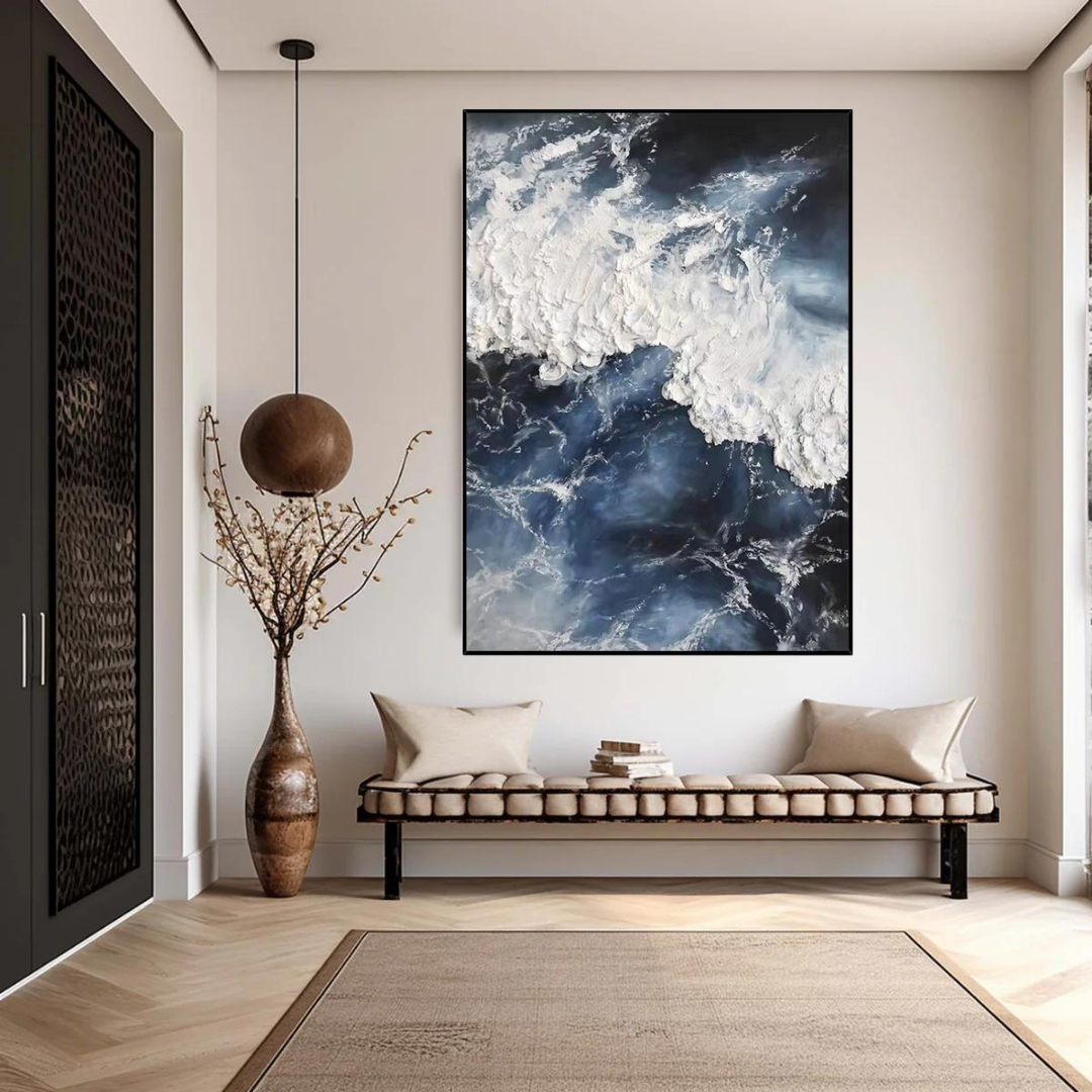 Nature-waves-deep-blue-sea-and-white-foam-textured-modern-abstract-canvas-oil-painting-contemporary-realistic-art-theurbannarrative-rustic-hamptons-style