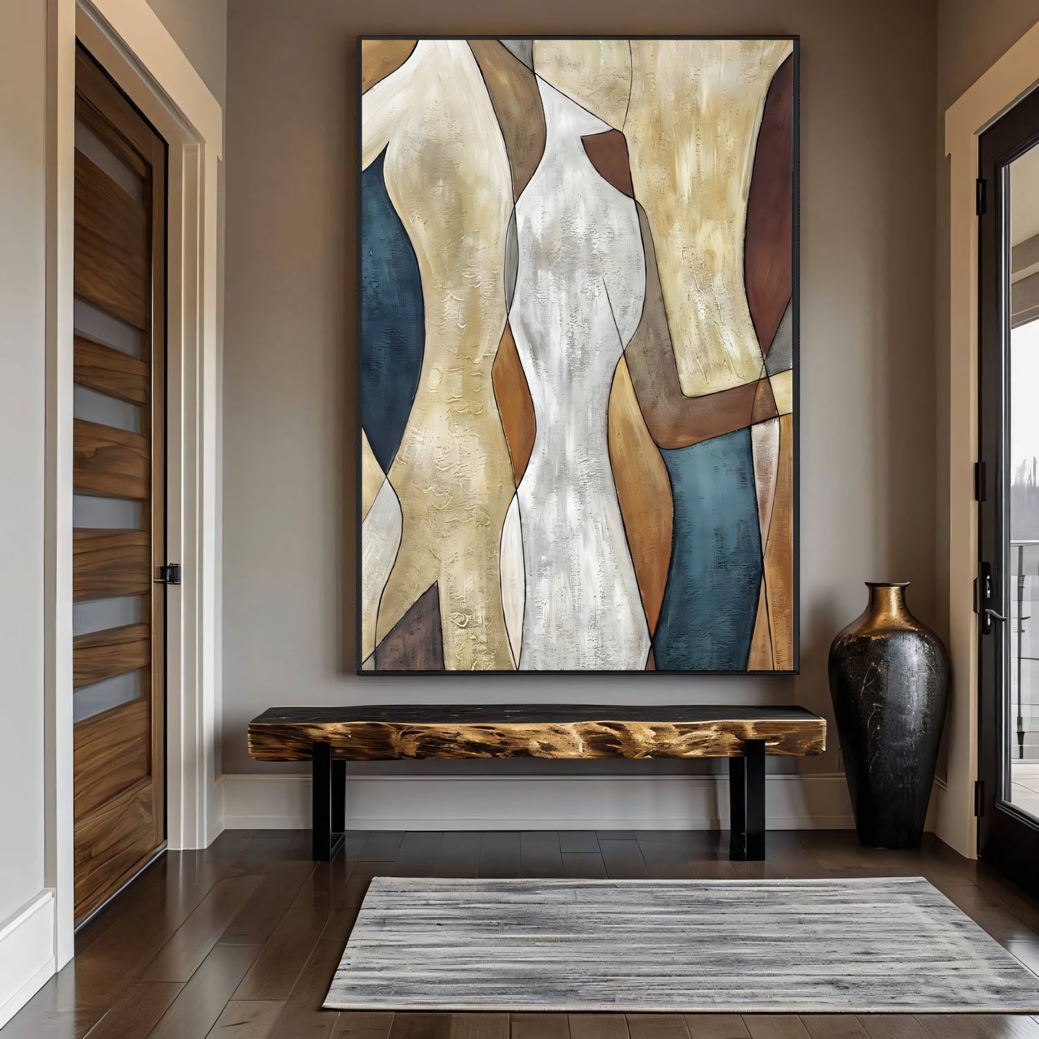 Abstract Human Art in Warm Blue, Brown & Golden Oil Painting The Urban Narrative