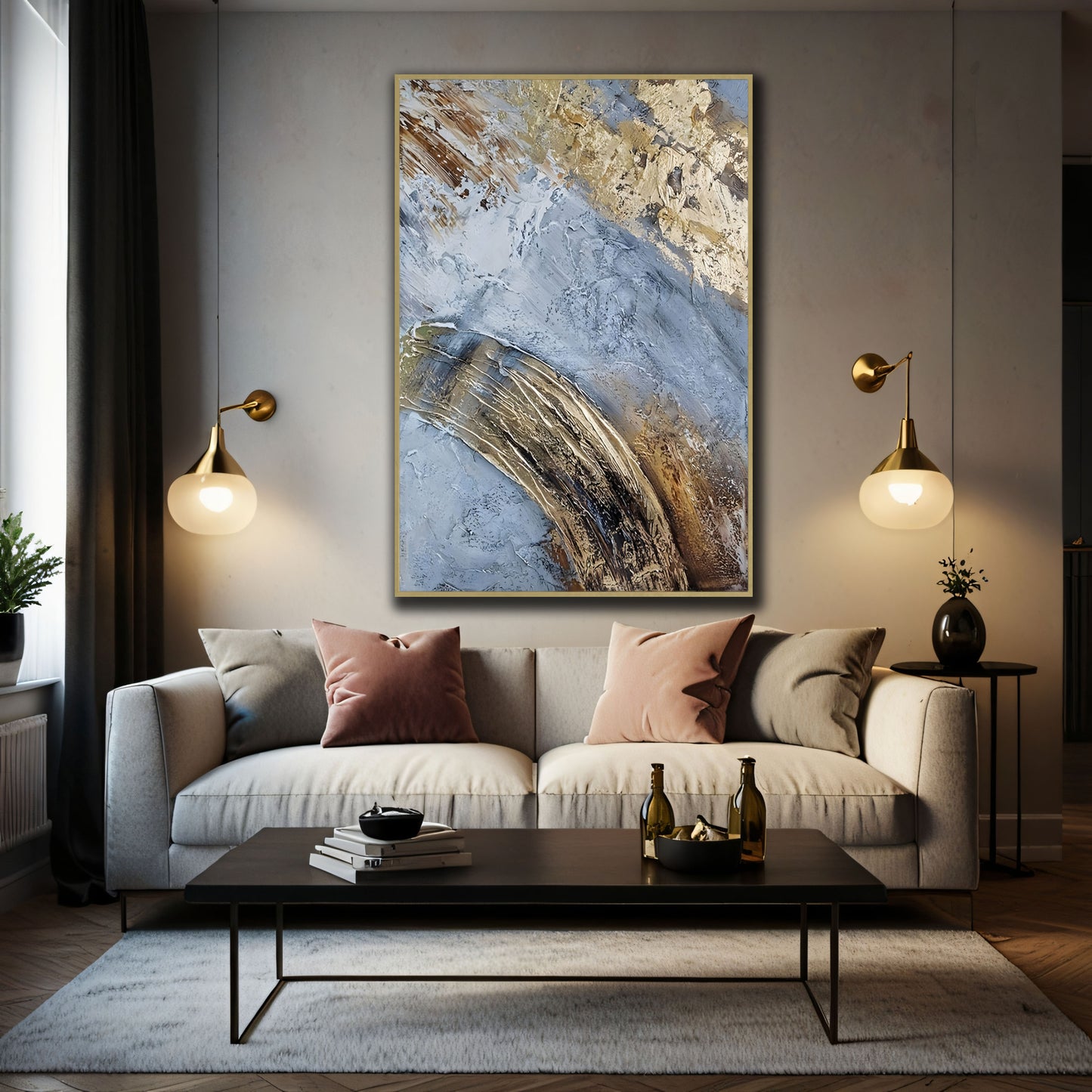 Gold and Blue Steel Abstract Statement Oil Painting The Urban Narrative