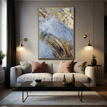 Gold and Blue Steel Abstract Statement Oil Painting The Urban Narrative