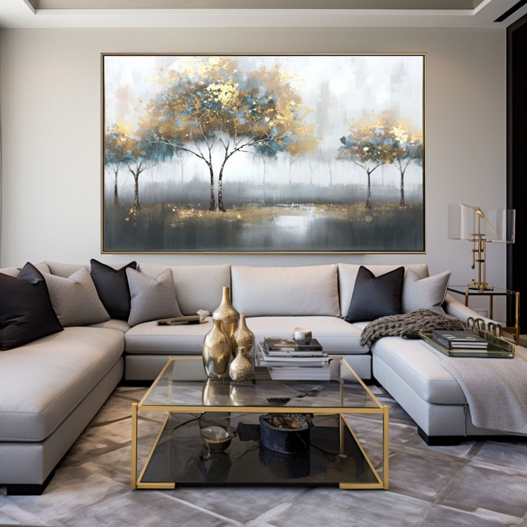 Golden Leaves Shimmer Oil Painting the Urban Narrative