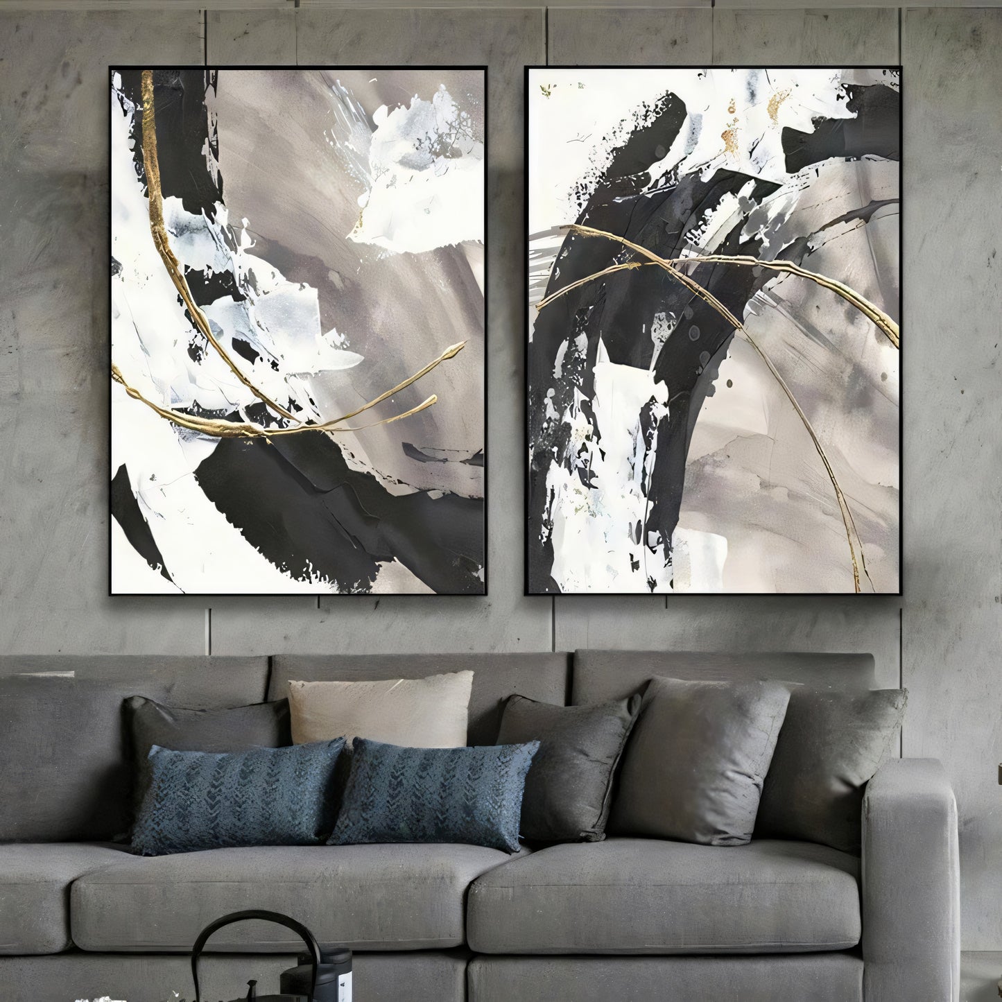 From the Ashes Trio Collection: Three Piece Black, White and Gold Modern Art