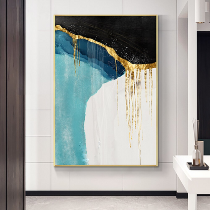 Gold-abstract-portrait-oil-painting-theurbannarratve-modern-abstract-art-black-blue-white-gold-frame-Timeless