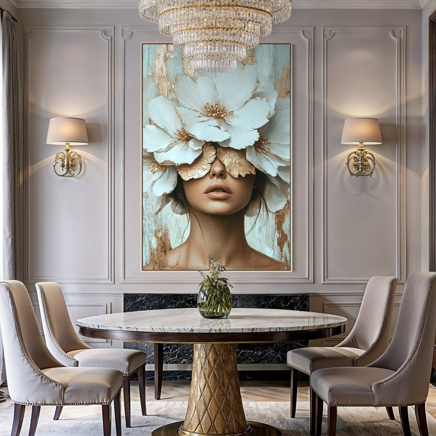 Elegant dining room with a chandelier, round table, and floral art on the wall.