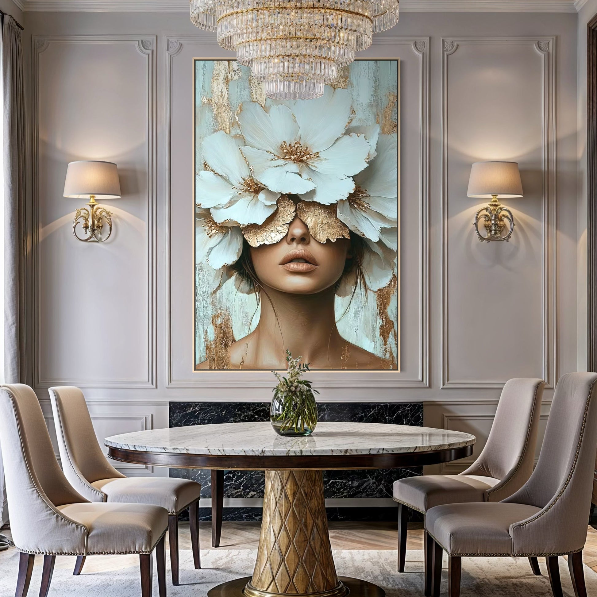 Elegant dining room with a chandelier, round table, and floral art on the wall.