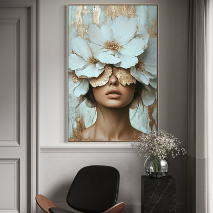 Modern interior with a large floral painting, black chair, and small table with decorative items.