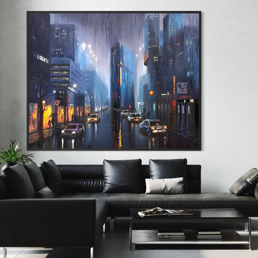 Modern living room with a large cityscape painting on the wall above a black sofa.