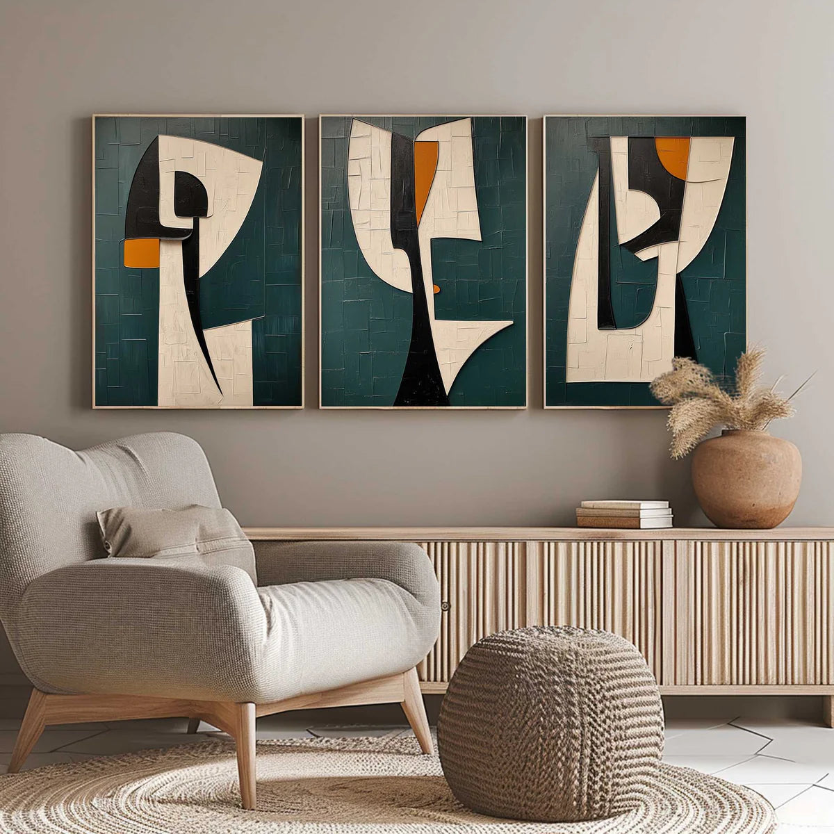 Three-piece abstract triptych featuring geometric shapes in teal, cream, and burnt orange above a modern blue sofa.